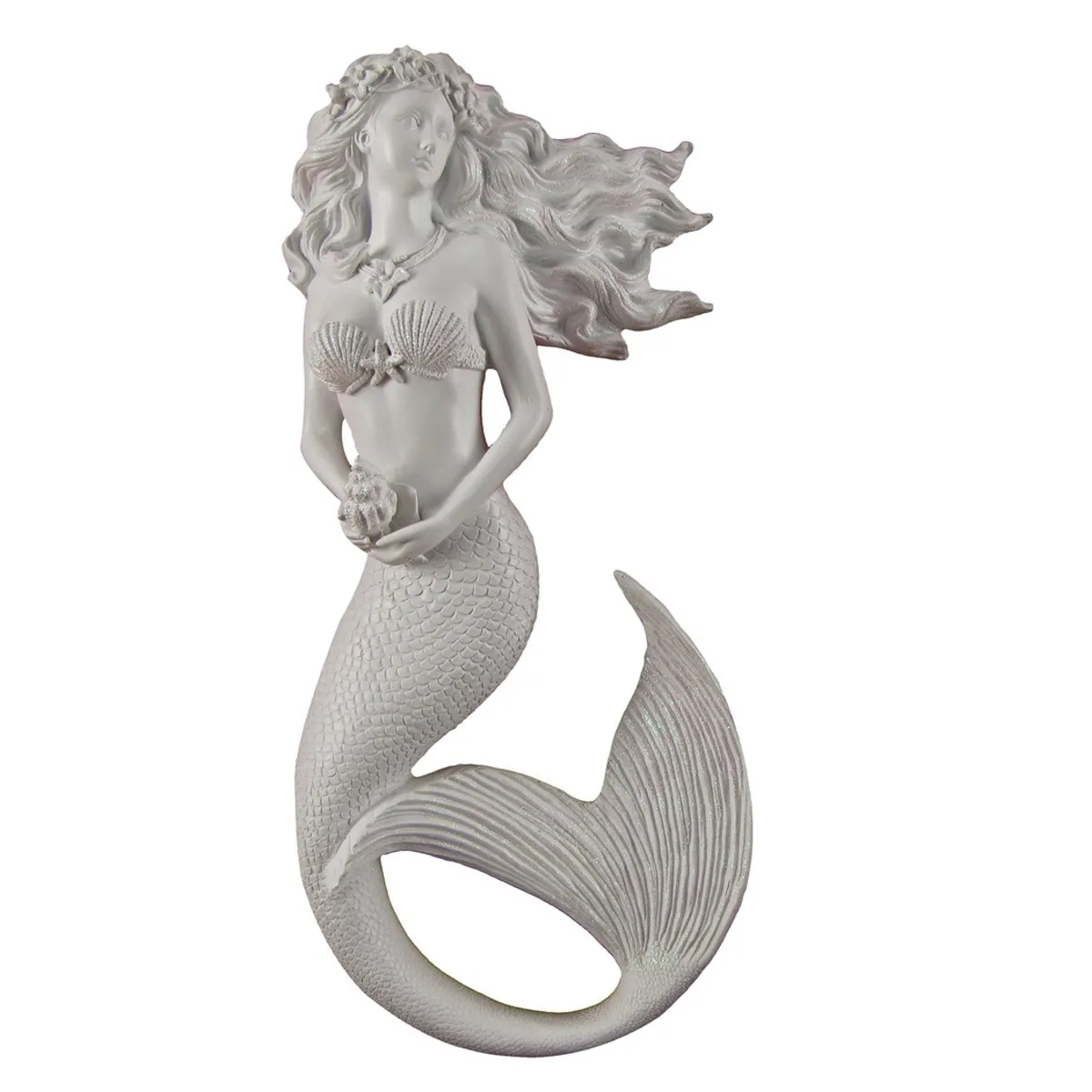 Glittering White Flowing Hair Mermaid Sculpture