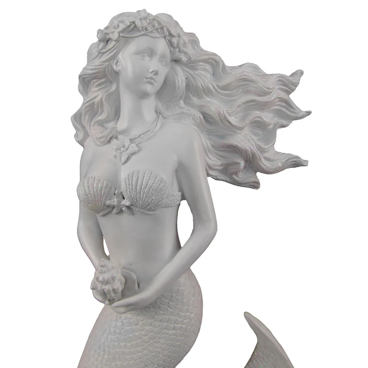 Glittering White Flowing Hair Mermaid Sculpture