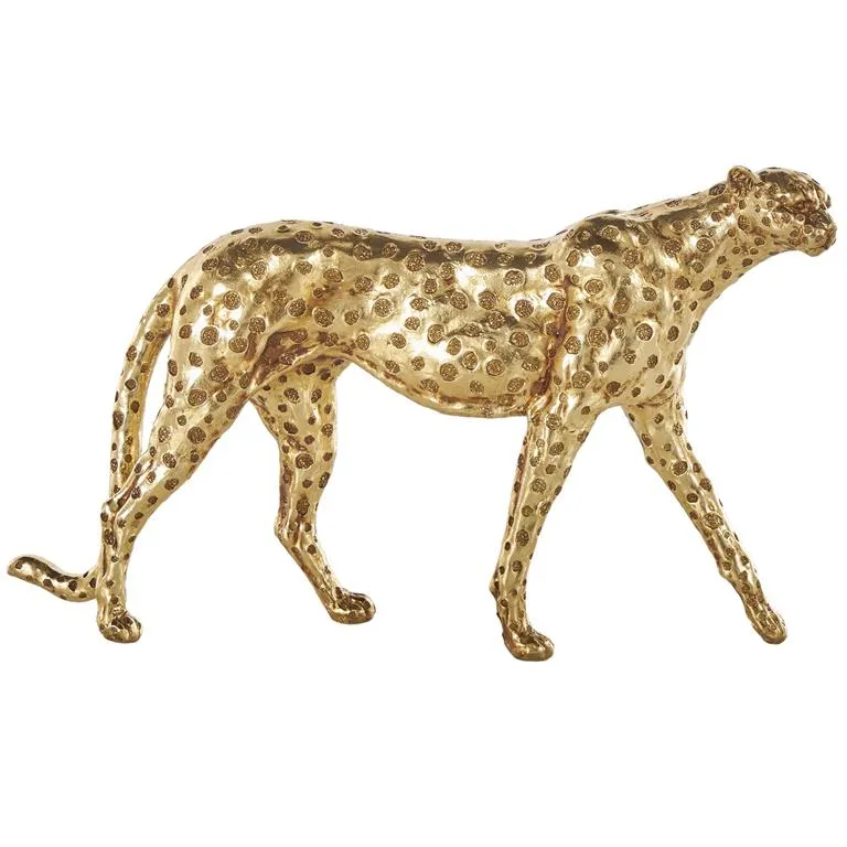 Gold Resin Leopard Walking Sculpture with Textured Spots