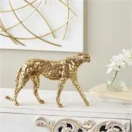 Gold Resin Leopard Walking Sculpture with Textured Spots