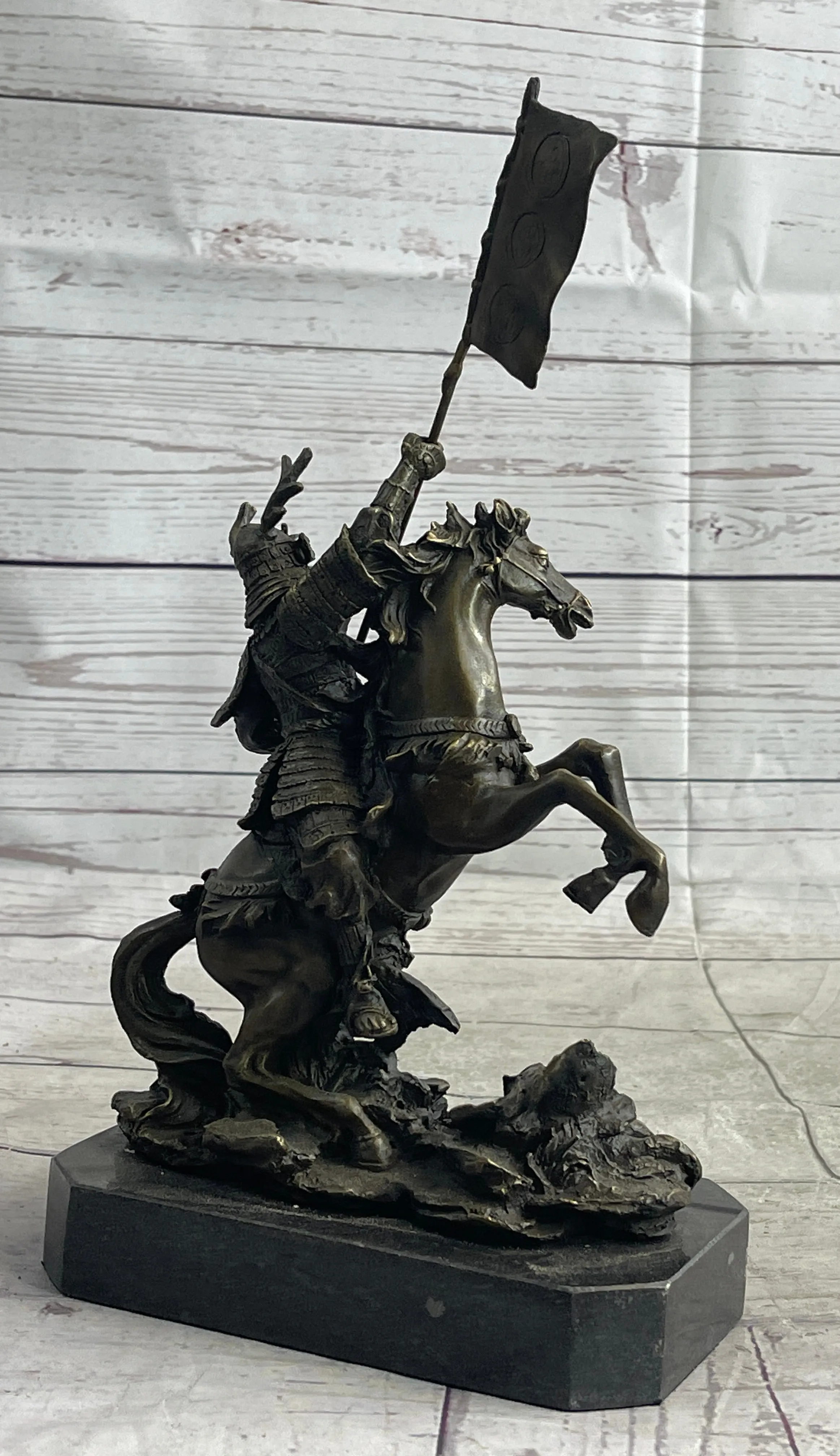 Hot Cast Viking Warrior on Horse with a Flag Bronze Sculpture Statue Figurine