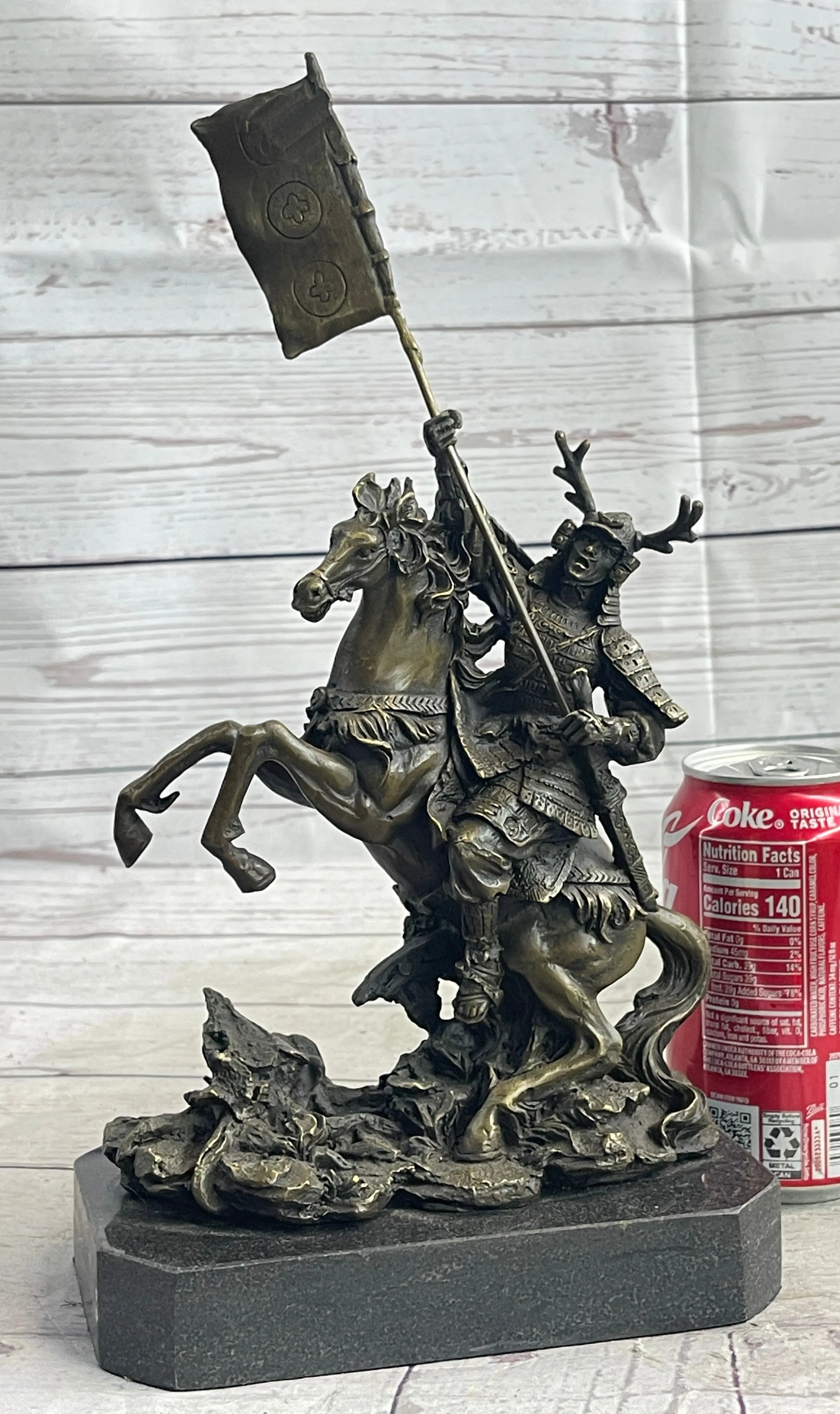 Hot Cast Viking Warrior on Horse with a Flag Bronze Sculpture Statue Figurine