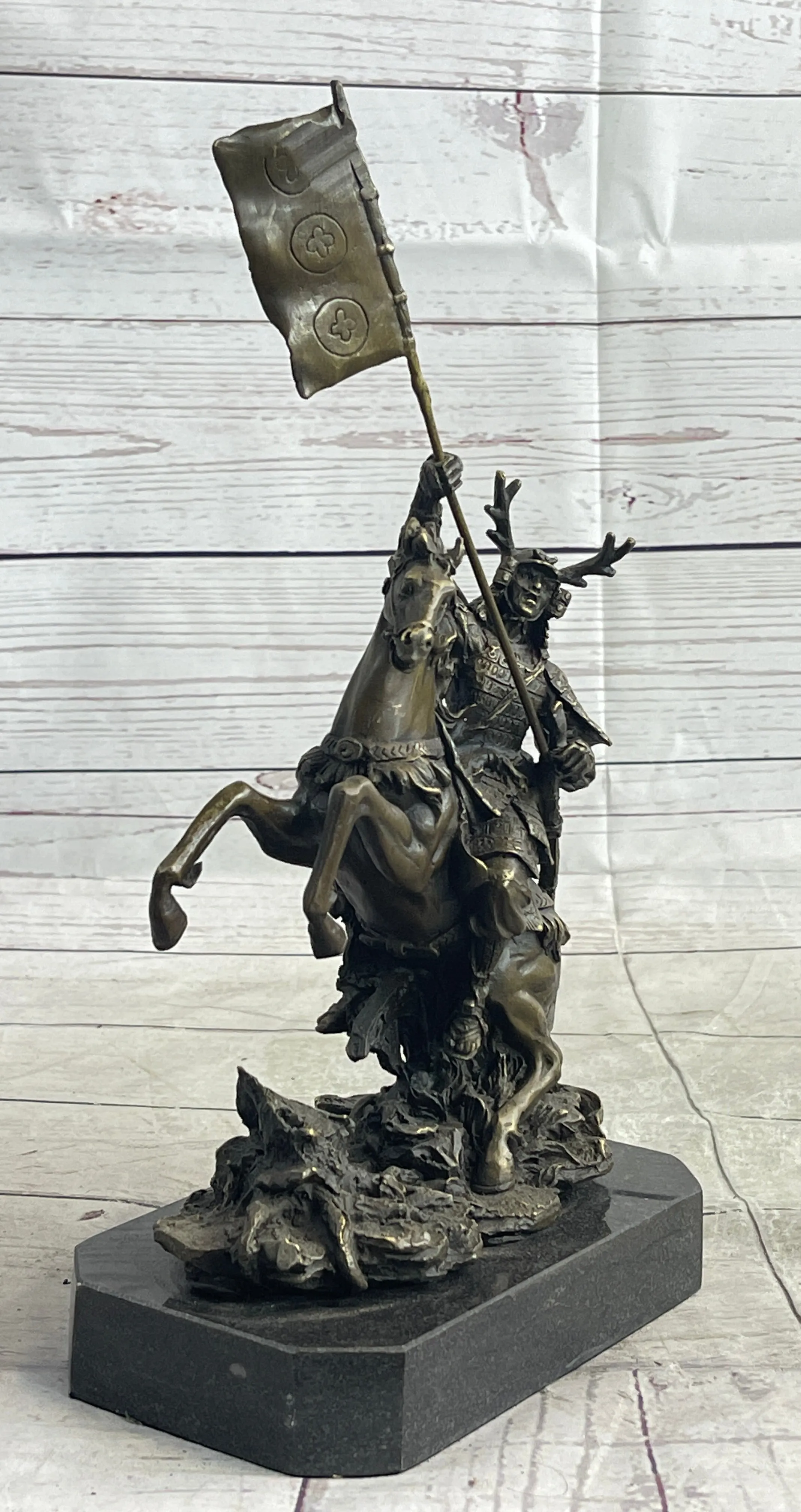 Hot Cast Viking Warrior on Horse with a Flag Bronze Sculpture Statue Figurine