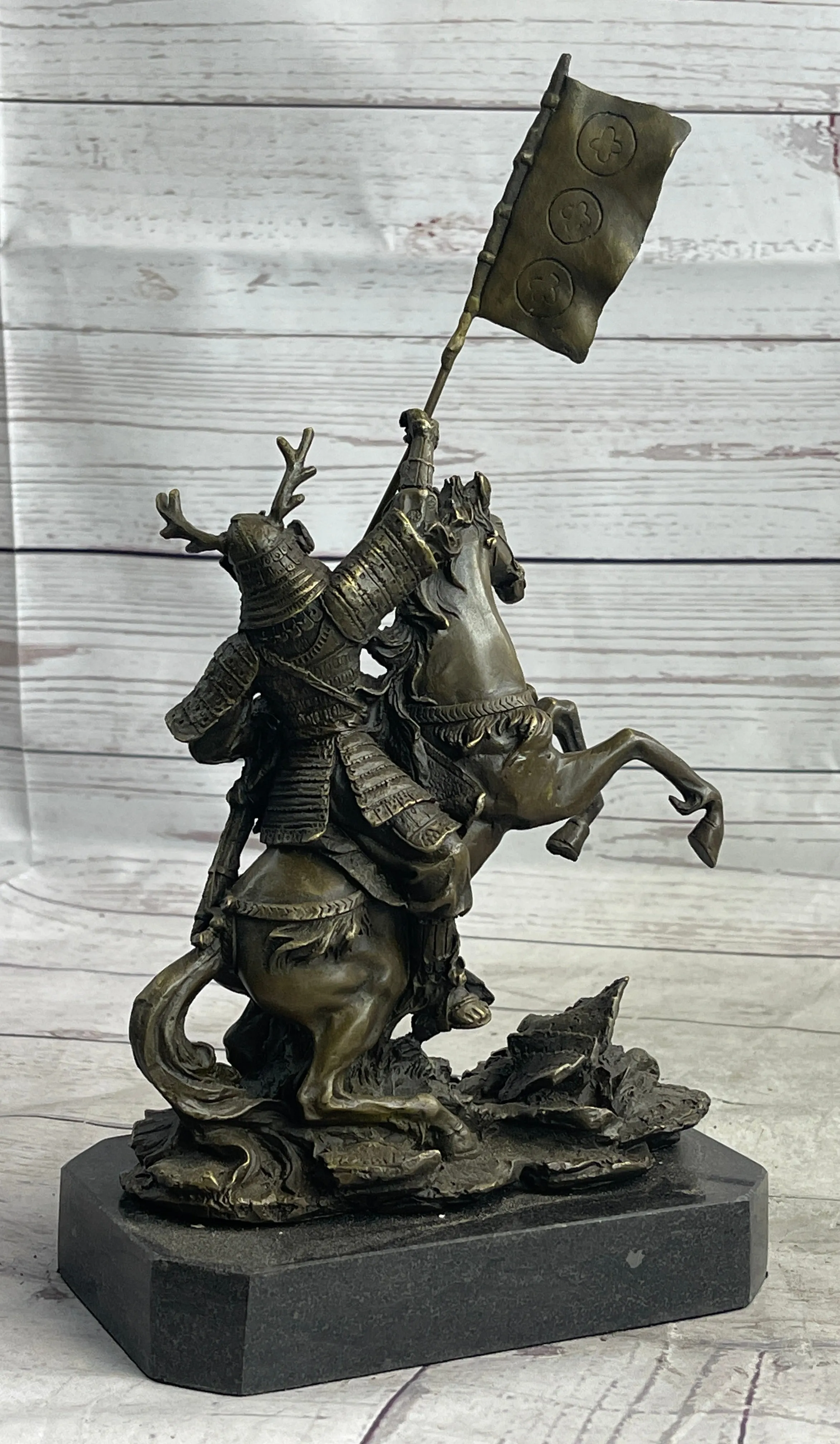 Hot Cast Viking Warrior on Horse with a Flag Bronze Sculpture Statue Figurine