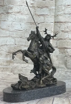 Japanese Samurai Warrior on Horseback Bronze Statue Sculpture Figure on Marble Base