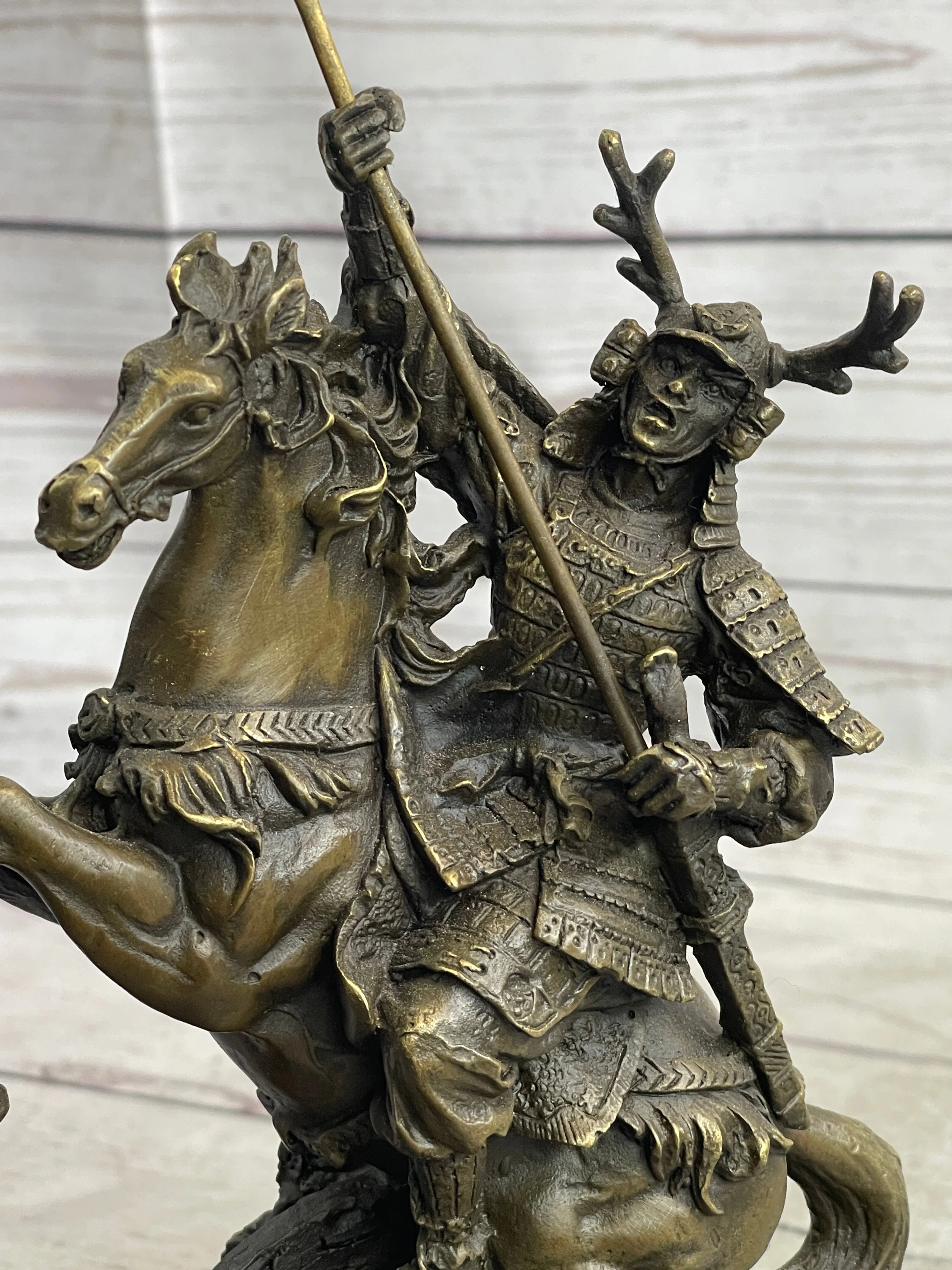 Japanese Samurai Warrior on Horseback w/ Battle Flag Bronze Sculpture Statue by Kamiko