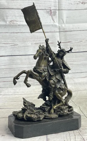 Japanese Samurai Warrior on Horseback w/ Battle Flag Bronze Sculpture Statue by Kamiko