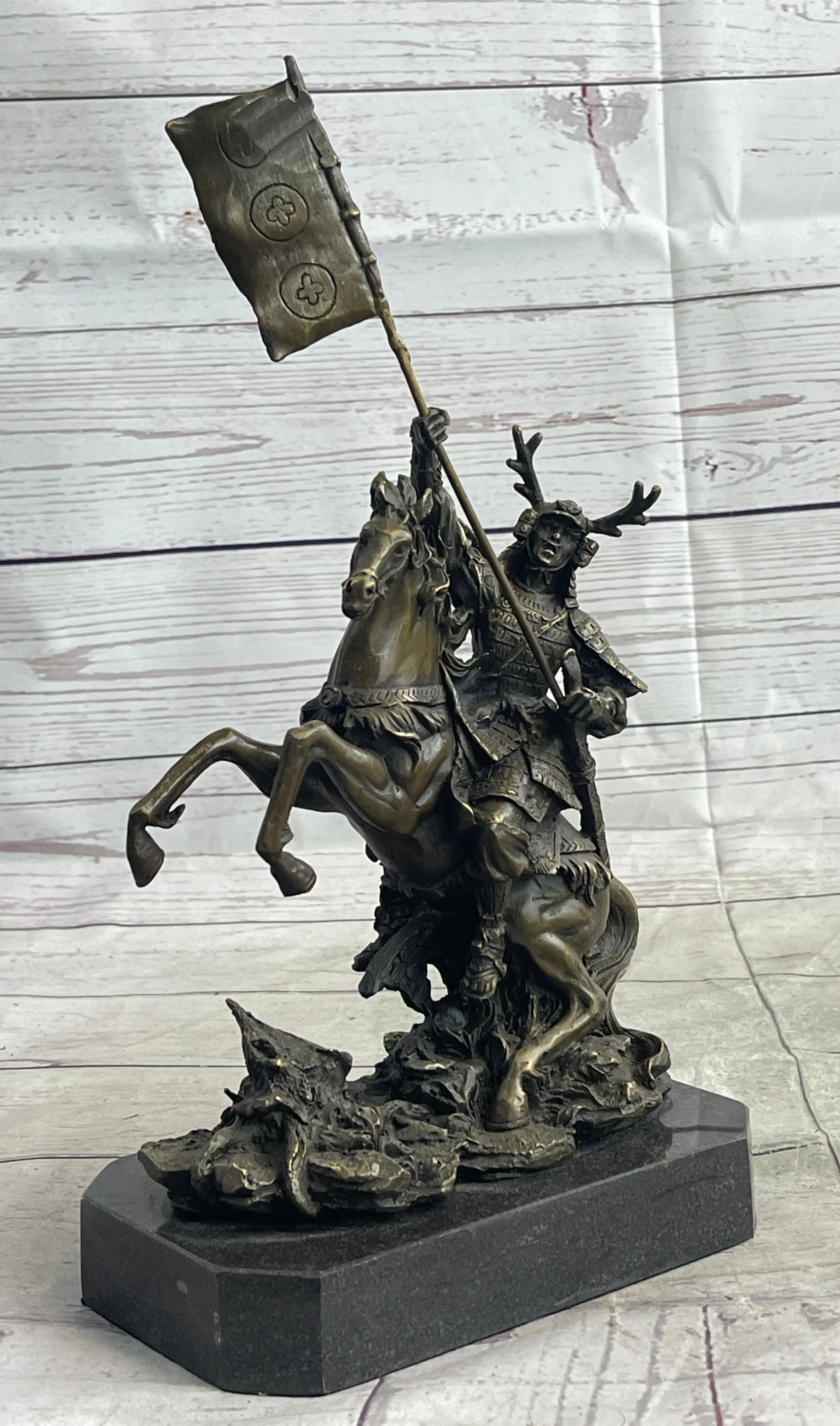 Japanese Samurai Warrior on Horseback w/ Battle Flag Bronze Sculpture Statue by Kamiko