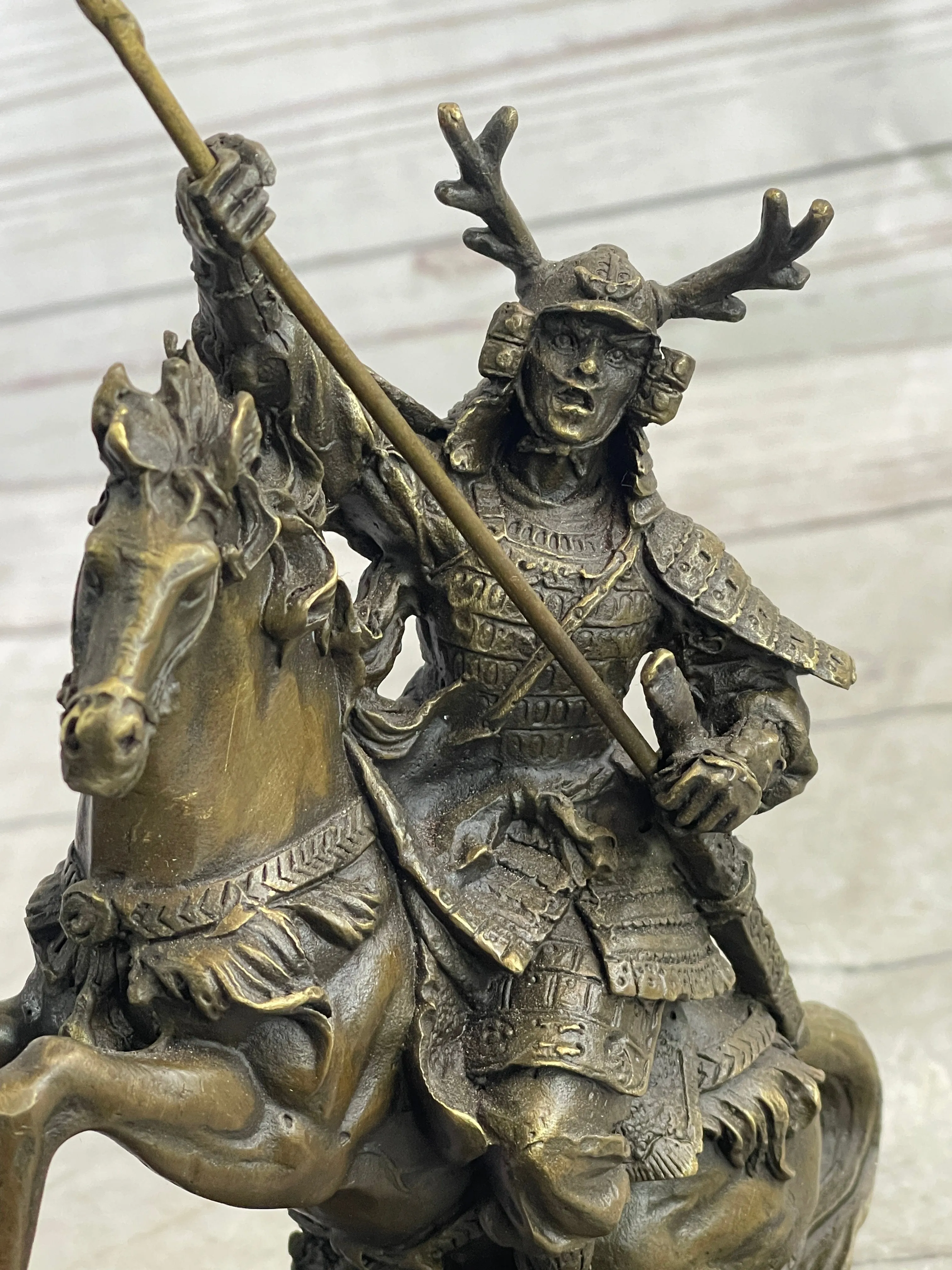 Japanese Samurai Warrior on Horseback w/ Battle Flag Bronze Sculpture Statue by Kamiko