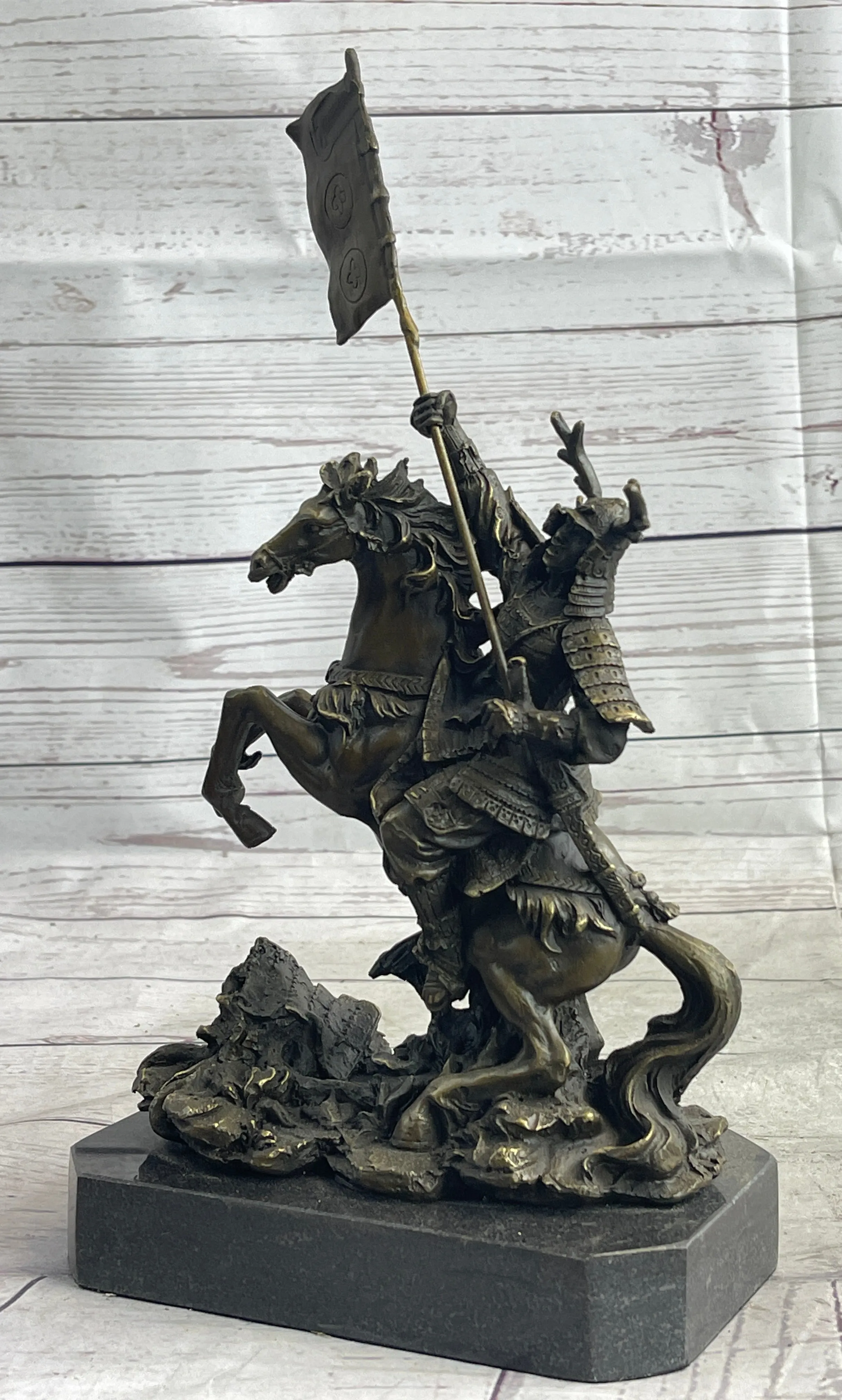 Japanese Samurai Warrior on Horseback w/ Battle Flag Bronze Sculpture Statue by Kamiko