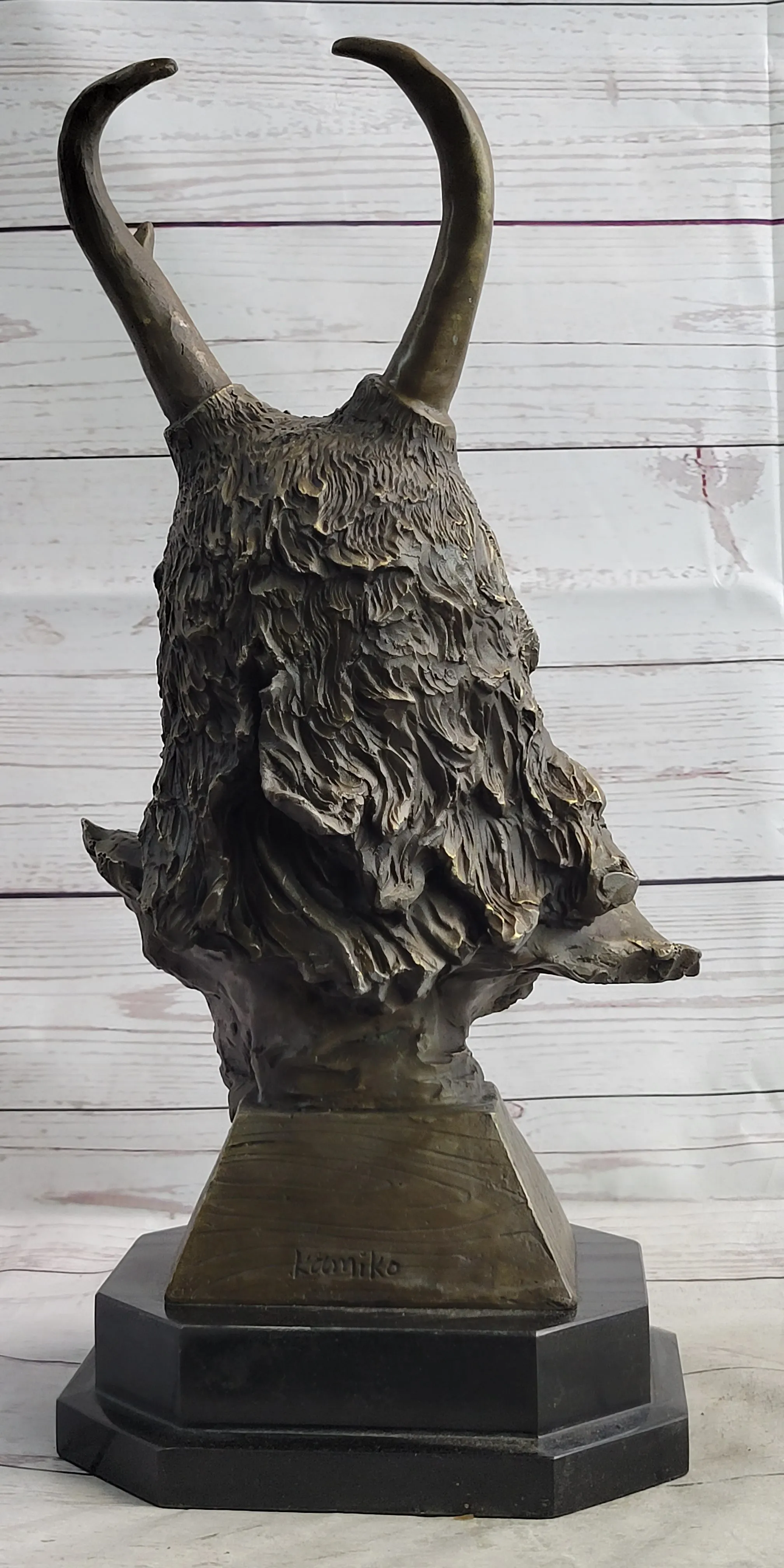 Native American Indian Shaman Man in Antler Headdress Bronze Sculpture Statue on Marble Base