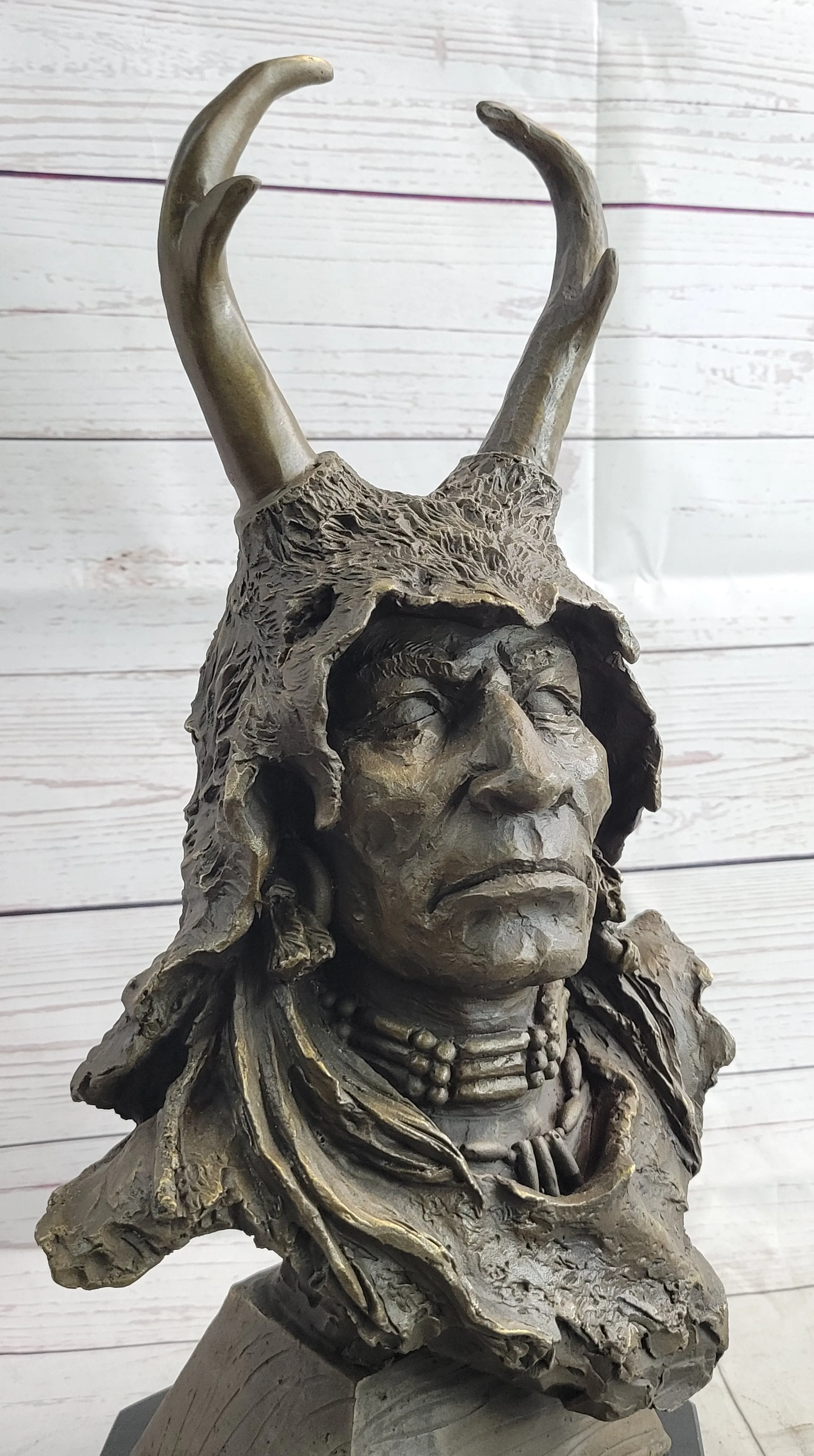 Native American Indian Shaman Man in Antler Headdress Bronze Sculpture Statue on Marble Base