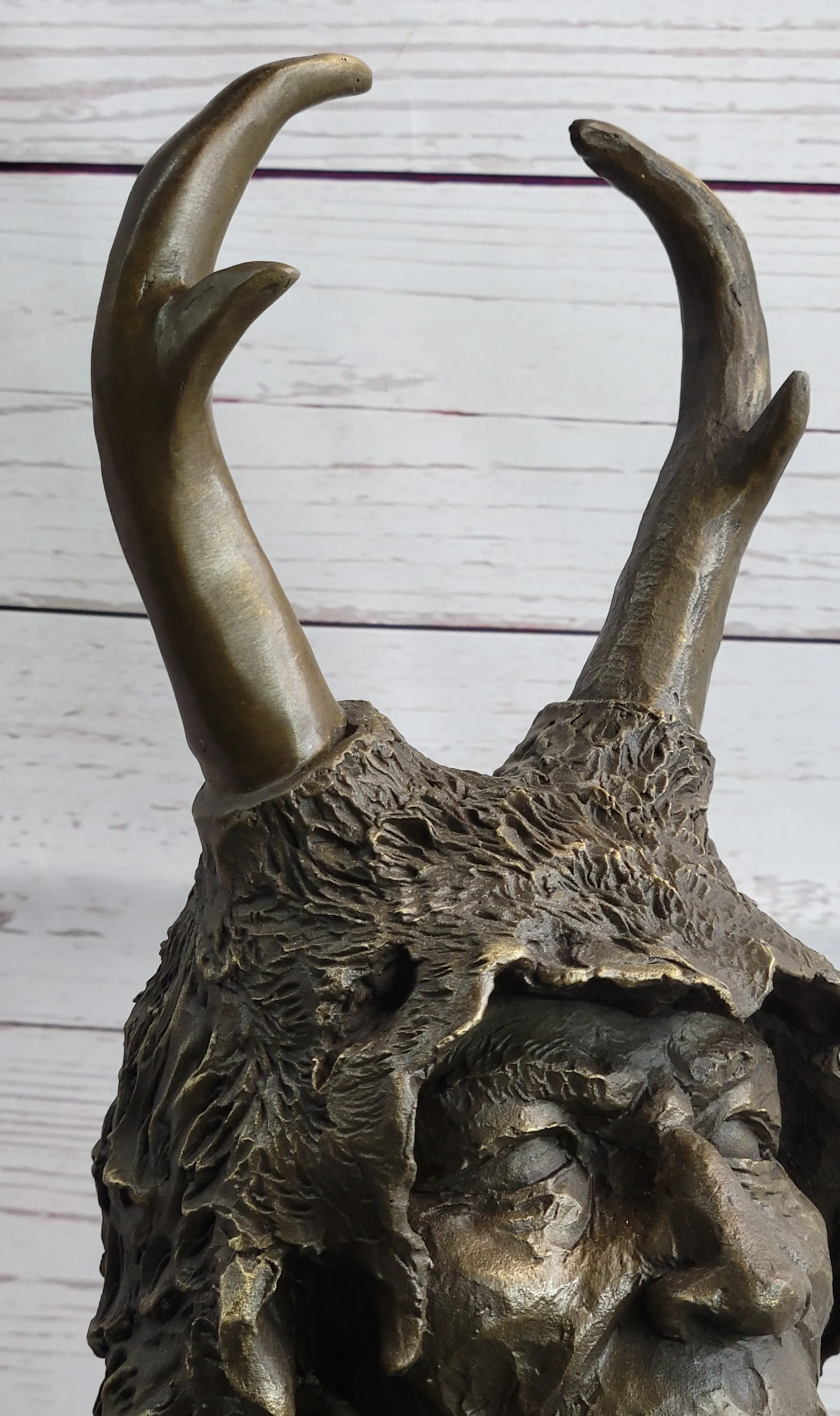 Native American Indian Shaman Man in Antler Headdress Bronze Sculpture Statue on Marble Base