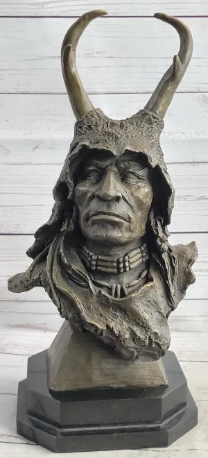 Native American Indian Shaman Man in Antler Headdress Bronze Sculpture Statue on Marble Base