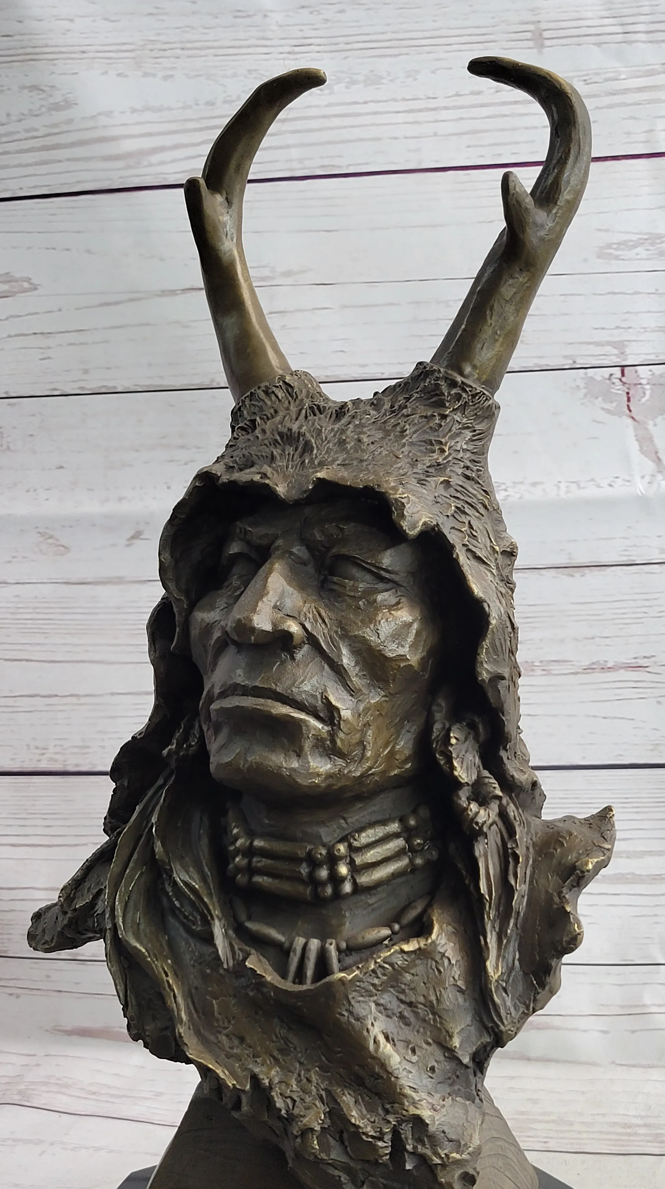 Native American Indian Shaman Man in Antler Headdress Bronze Sculpture Statue on Marble Base